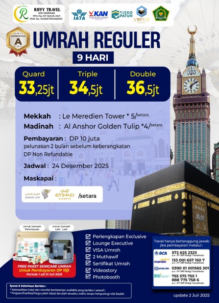 Umroh Reguler 9 Hari Transit (24 Desember 2025)